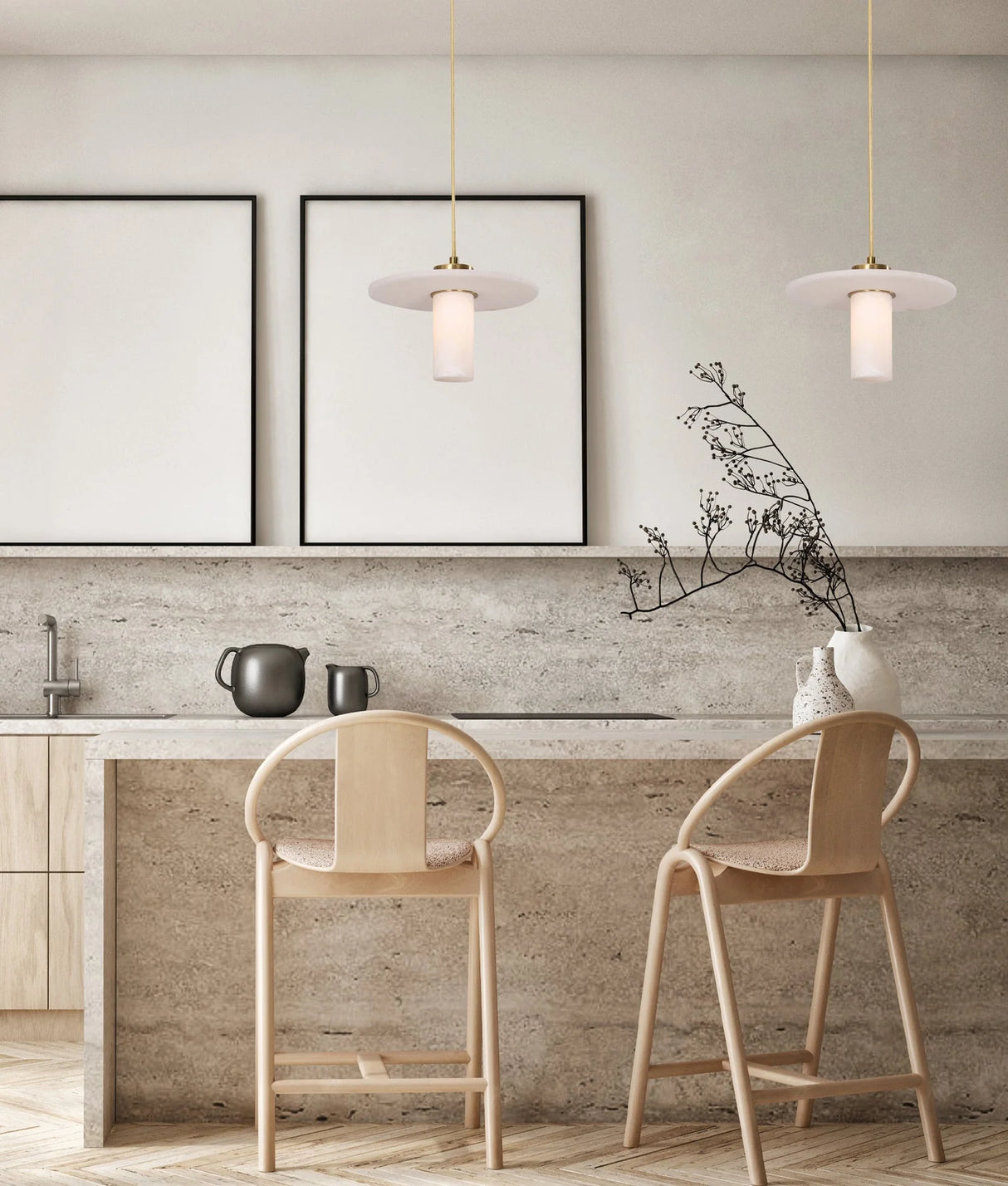 CLA Lucerna Interior Cylinder Round Hat Marble Shade Brass Highlight Pendant Light