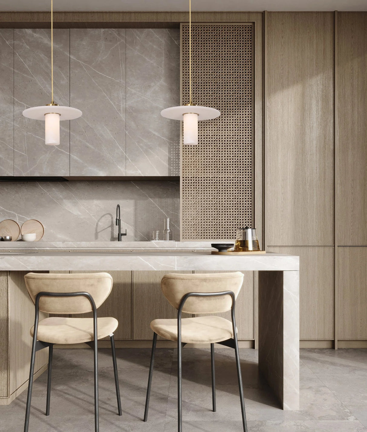 CLA Lucerna Interior Cylinder Round Hat Marble Shade Brass Highlight Pendant Light