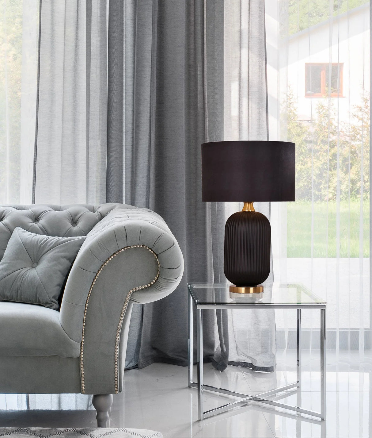 CLA Lusso Interior Black Drum Shade Ceramic Base with Antique Brass Highlight Table Lamp