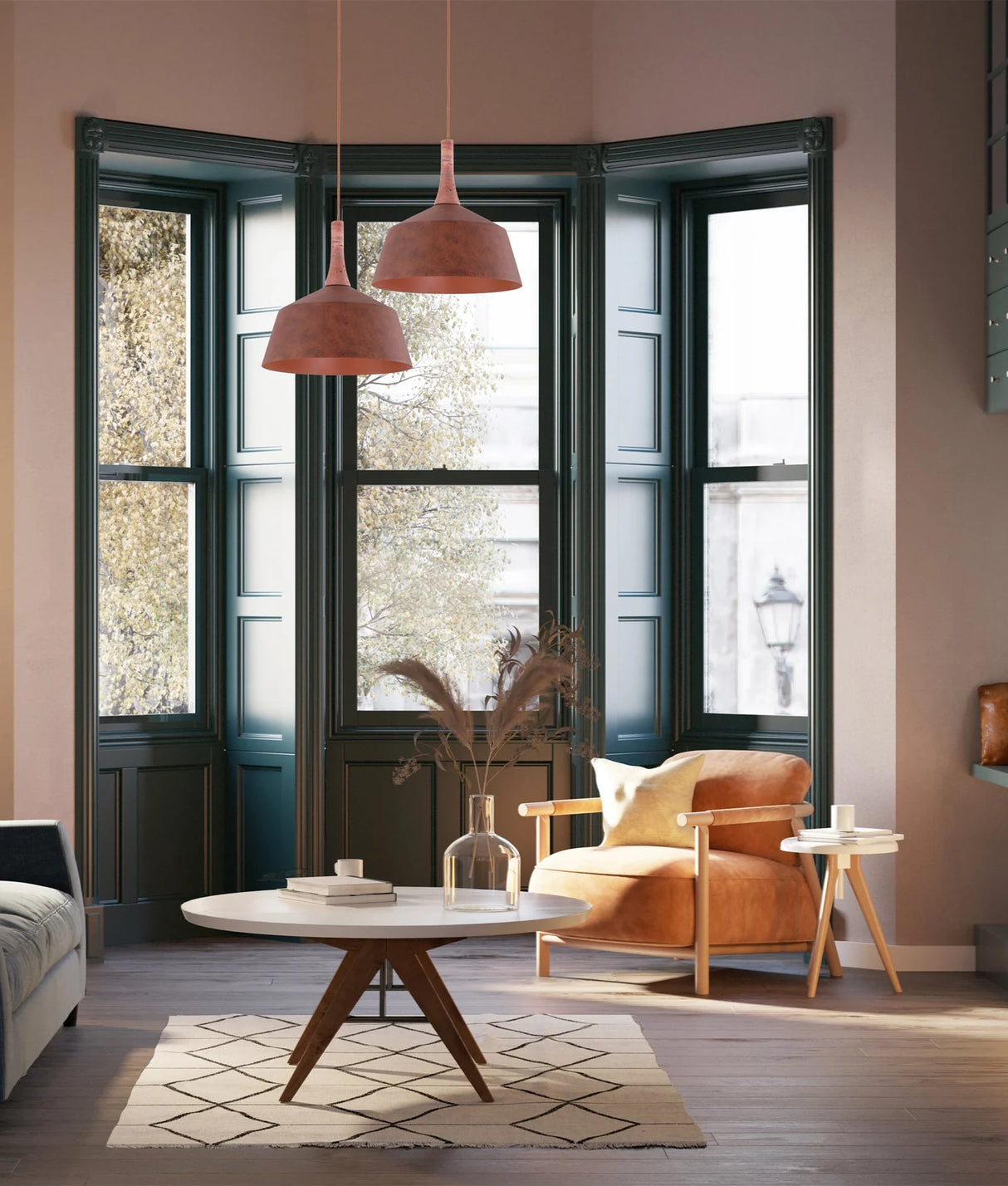 CLA Oxido Interior Rustic Brown with Travertine Highlight Angled Dome Pendant Lights