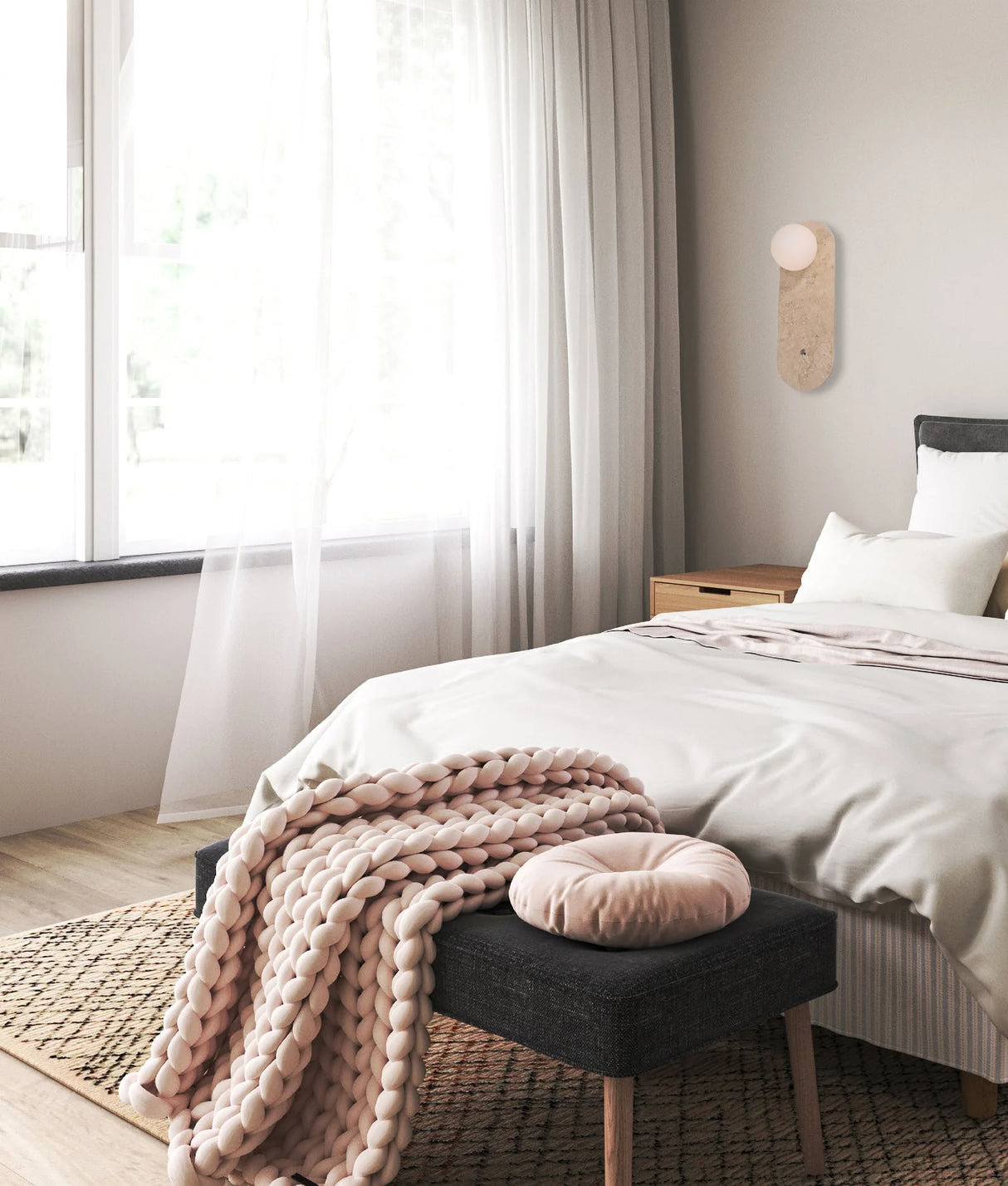 CLA Poi Interior Oblong Travertine Base with Beige Finish & Round Opal Diffuser Wall Light