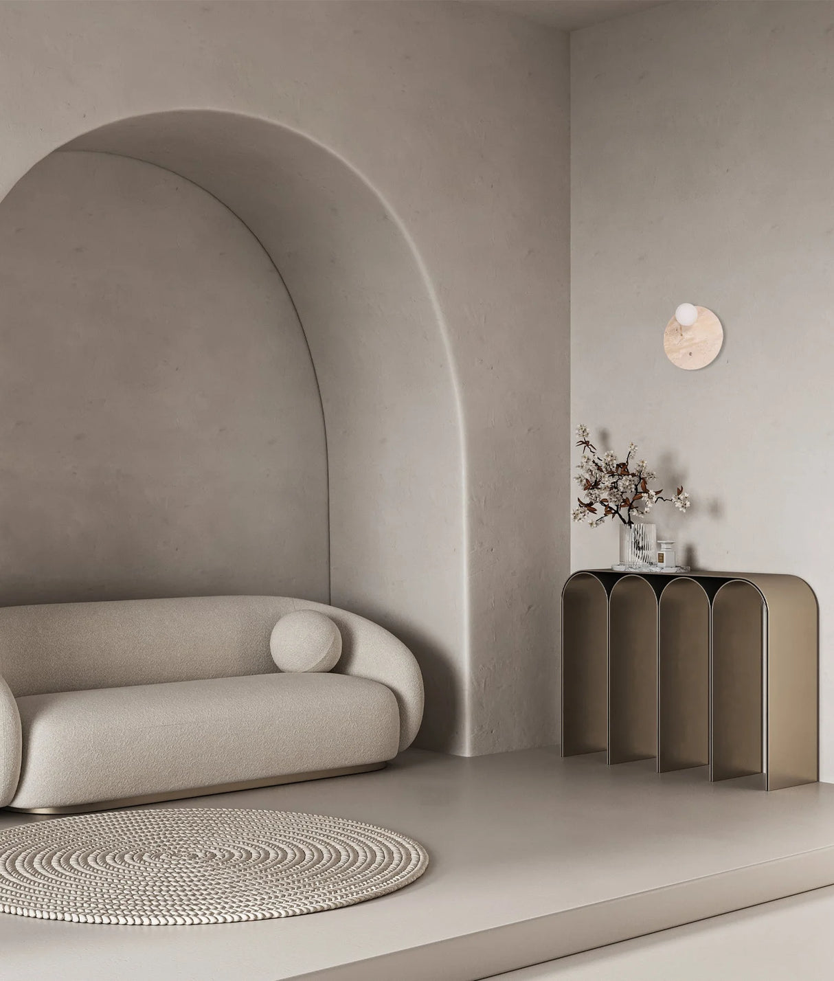 CLA Poi Interior Round Travertine Base with Beige Finish & Round Opal Diffuser Wall Light