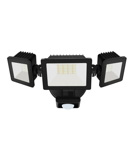 Black outdoor security light with three adjustable lights on a white background