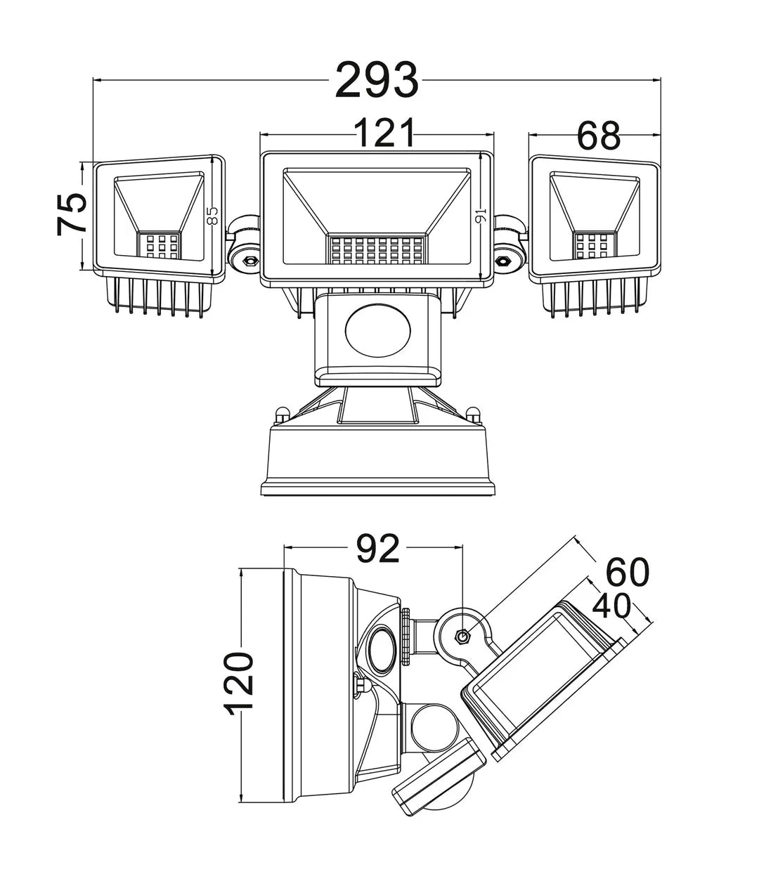 Technical drawing of a security camera system with dimensions