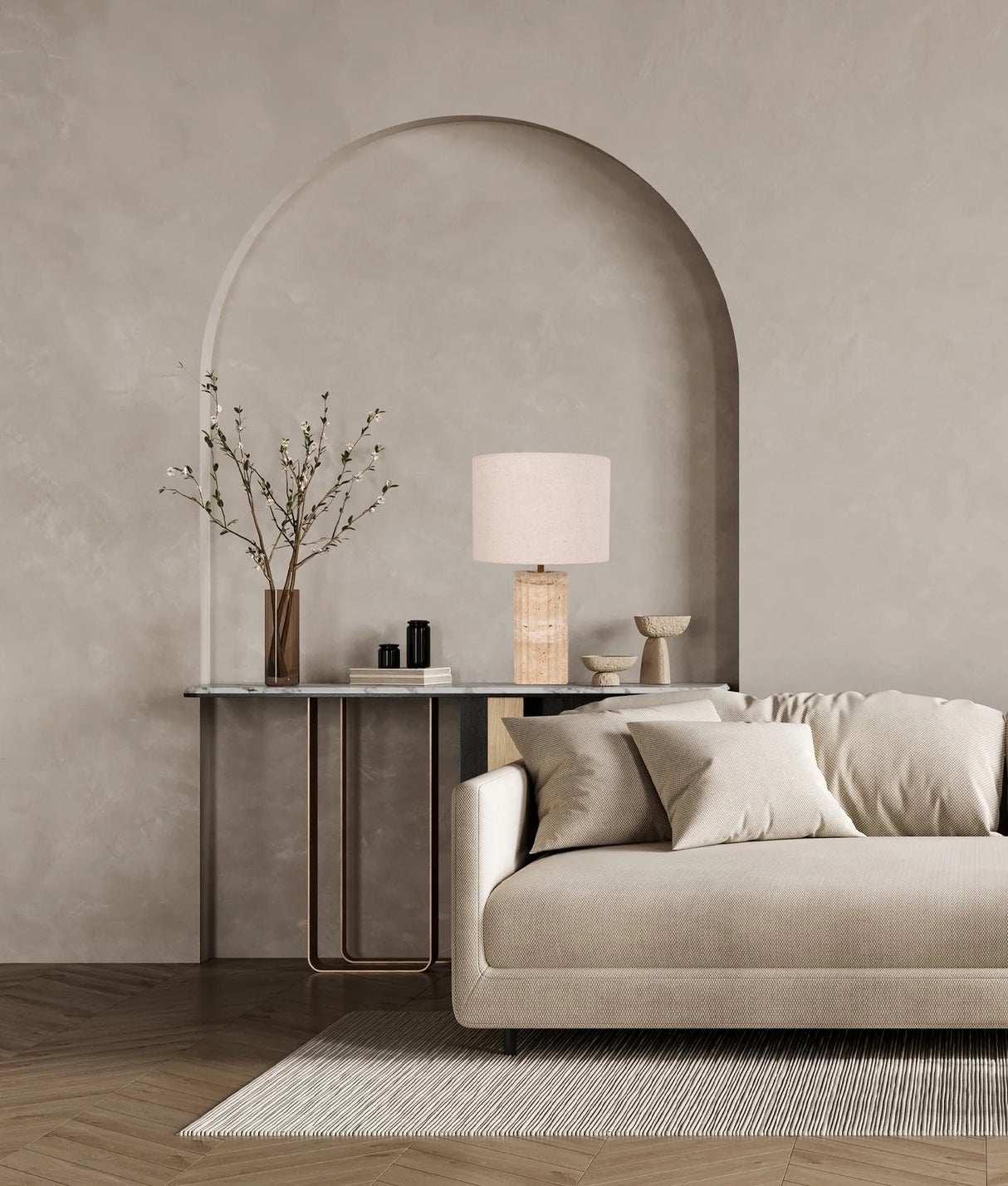 CLA Sagitta Beige Travertine Base Oblong Fabric Cream Shade Table Lamps