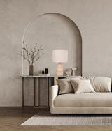 CLA Sagitta Beige Travertine Base Oblong Fabric Cream Shade Table Lamps