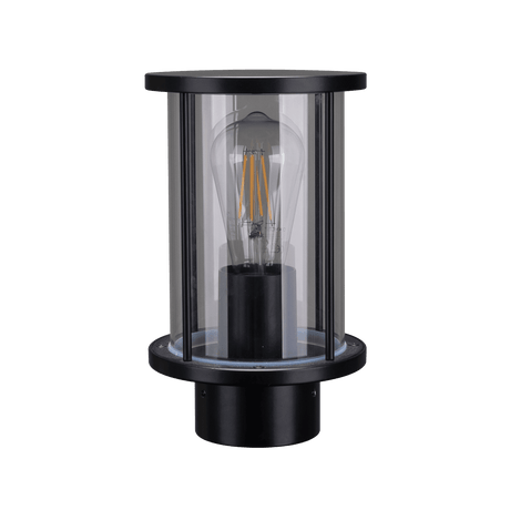 Domus BL-400 Bollard Head 76MM E27 in black finish with a clear glass cover on a green background