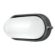 Black outdoor wall light fixture with white glass cover on a white background
