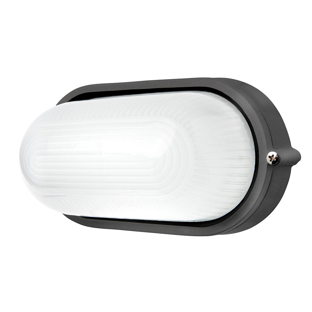 Black outdoor wall light fixture with white glass cover on a white background