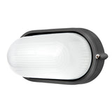 Black outdoor wall light fixture with white glass cover on a white background