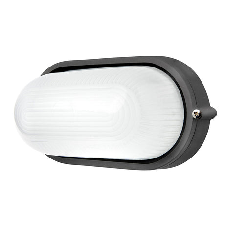 Black outdoor wall light fixture with white glass cover on a white background
