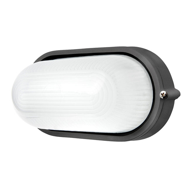 Black outdoor wall light fixture with white glass cover on a white background