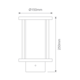 Technical drawing of a Black Domus BL-400 76mm bollard light head with E27 socket with dimensions labeled