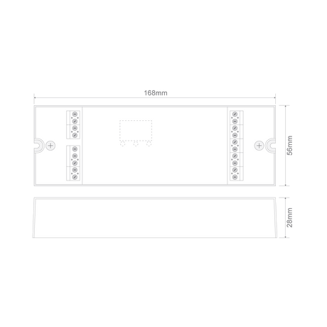 Technical drawing of a RGBW DMX controller by Domus Chameleon for LED lighting systems with dimensions labeled