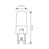 Technical drawing of a Domus G9 4W frosted dimmable LED bulb for versatile lighting with dimensions labeled