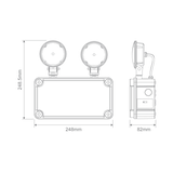 Technical drawing of a Twin spot emergency light Domus 2x2.5W for commercial use with dimensions labeled