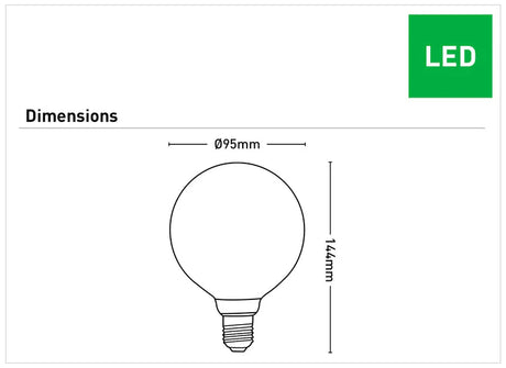 Diagram of a Vintage-style Mercator G95 LED bulb for ambient lighting with dimensions on a white background