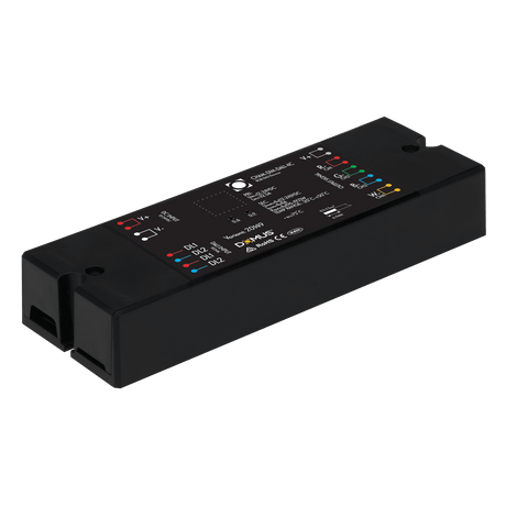 Domus Chameleon RGBW DALI lighting interface for smart control with labeled ports on a transparent background