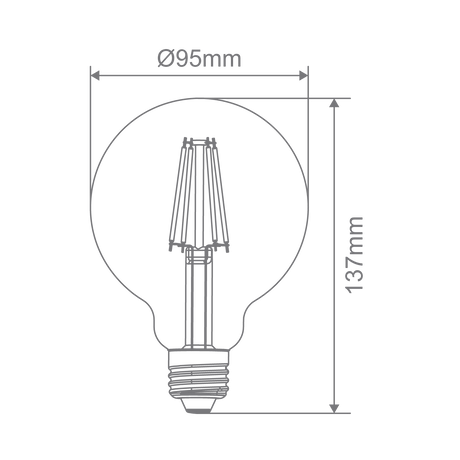 Diagram of a Decorative Domus G95 clear glass filament light bulb with dimensions on a green background