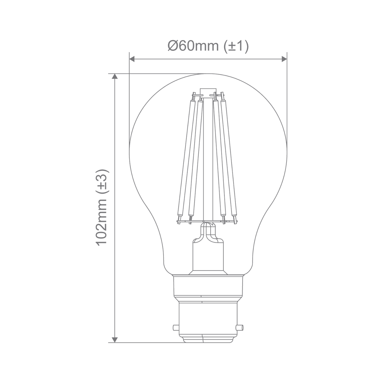 Technical drawing of a Domus frosted GLS LED filament bulb with soft light and dimensions on a green background