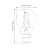Technical drawing of a Domus frosted GLS LED filament bulb with soft light and dimensions on a green background