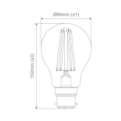 Technical drawing of a Domus frosted GLS LED filament bulb with soft light and dimensions on a green background