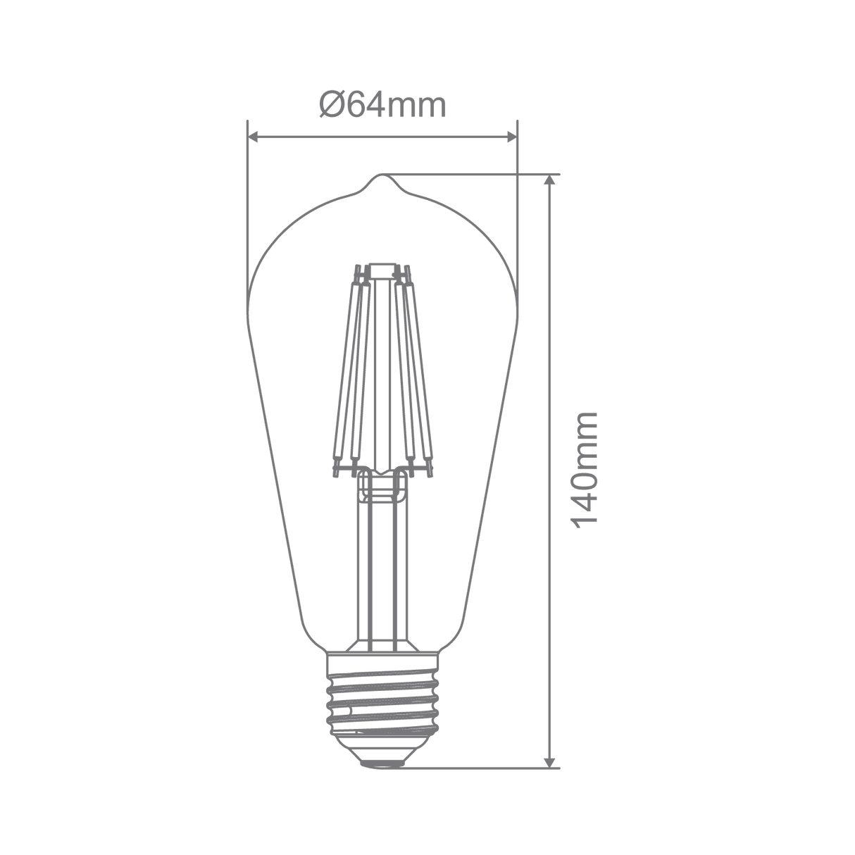 Technical drawing of a Energy-efficient dimmable 7.2W Domus LED filament lamp with dimensions labeled