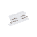 White Domus Trak 3 mini straight live joiner for 3 circuit systems with screws on a white background