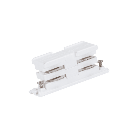 White Domus Trak 3 mini straight live joiner for 3 circuit systems with screws on a white background
