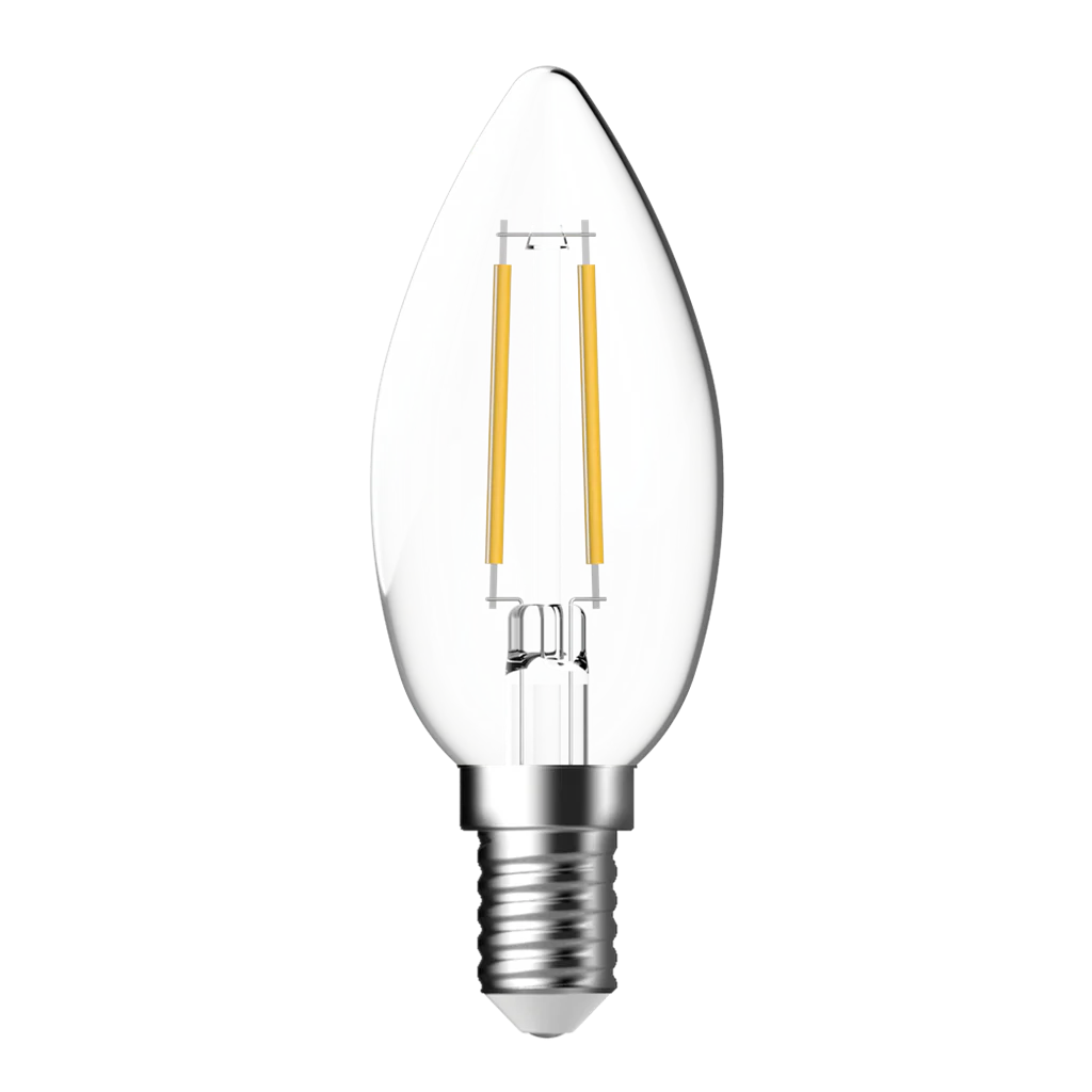 Dimmable LED filament candle lamp for decorative lighting on a white background