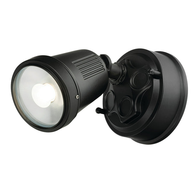 Black outdoor security light on a white background
