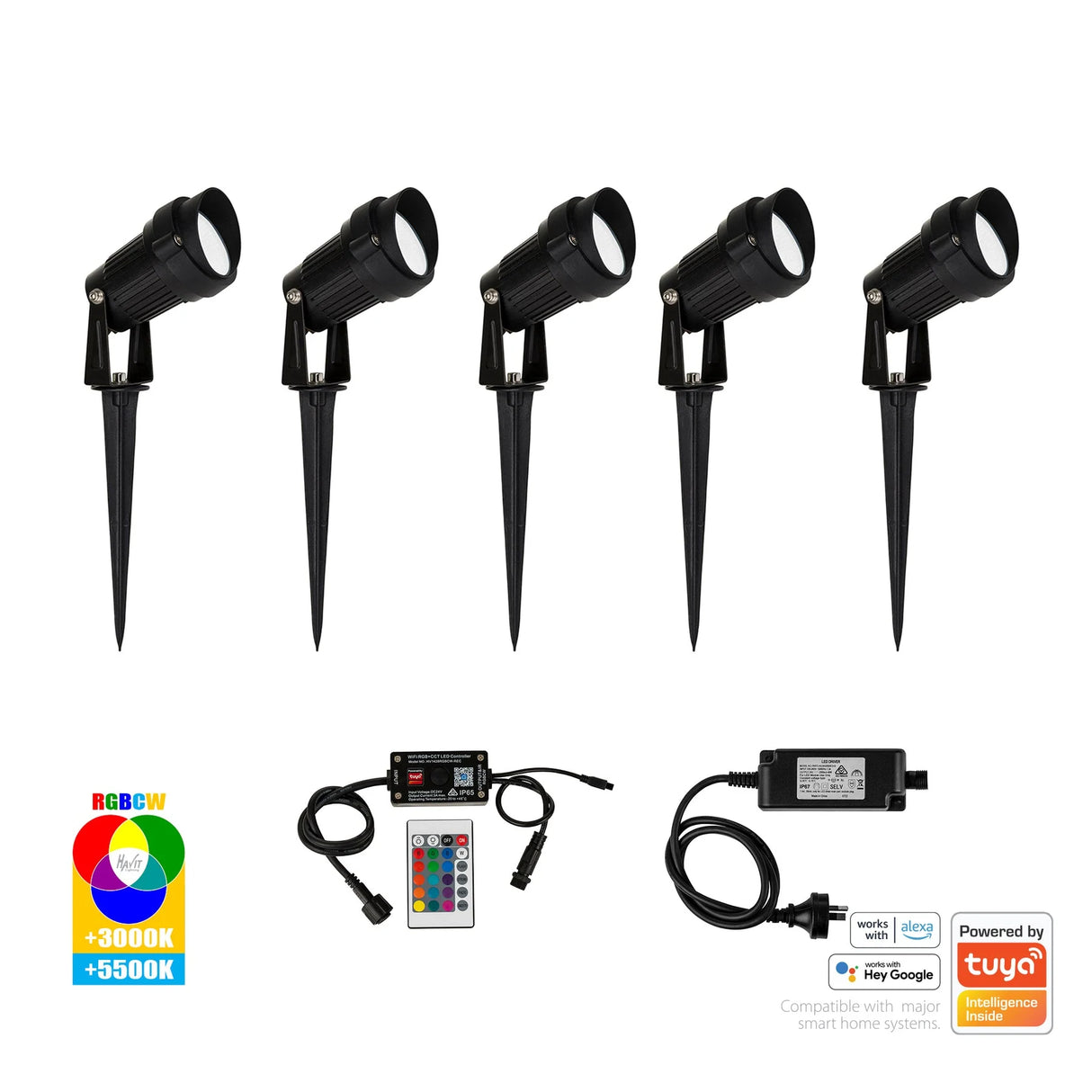 Havit HV1428RGBCW-KIT Spitze Black 5x 3w WIFI RGBCW LED Garden Spike Light Kit