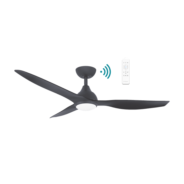 Modern Sleek Martec Avoca DC ceiling fan with WiFi, remote, and energy-saving LED lightwith remote control on a white background