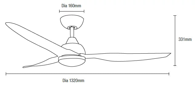 Ceiling fan with dimensions labeled on a white background