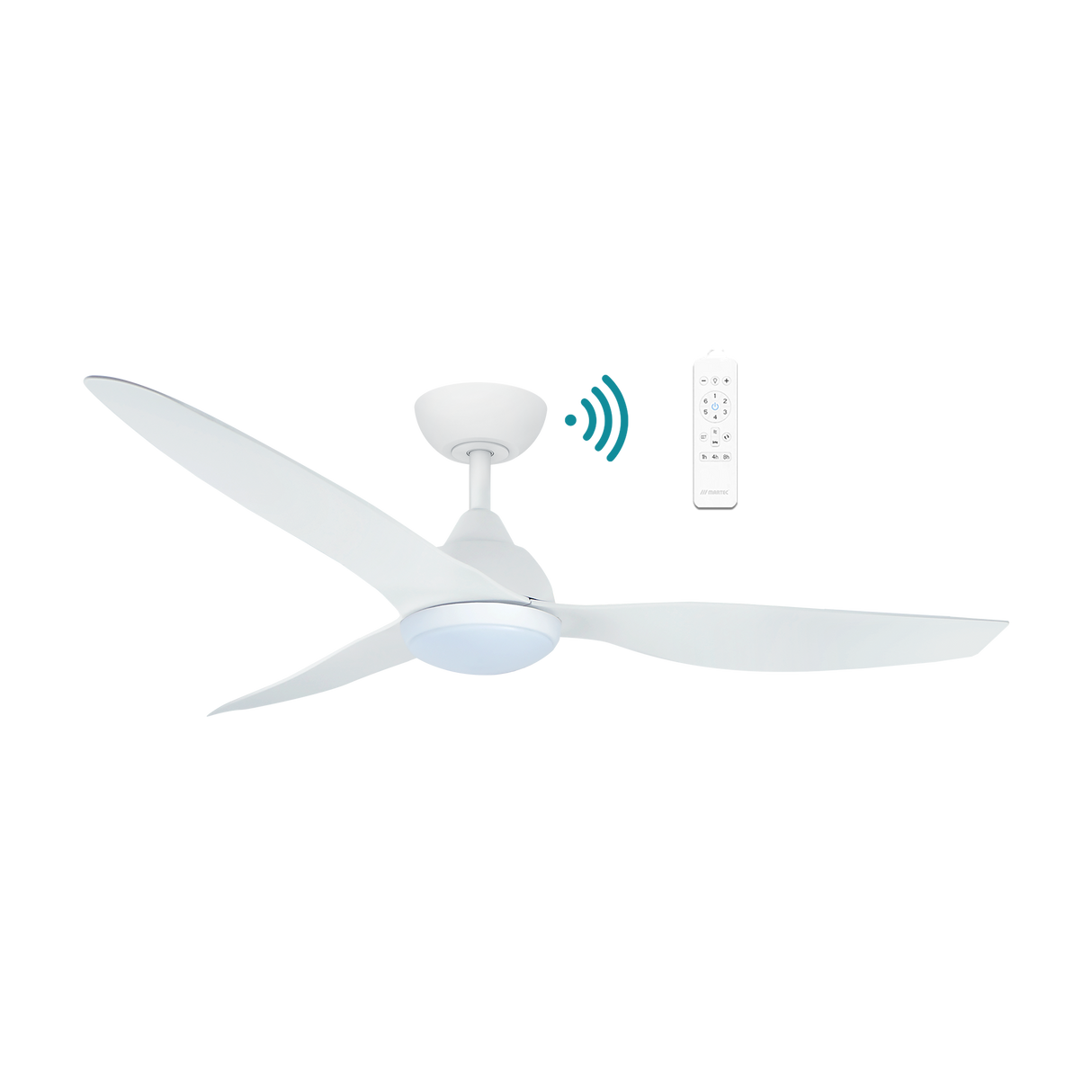 White ceiling fan with remote control on a white background