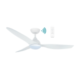 White ceiling fan with remote control on a white background