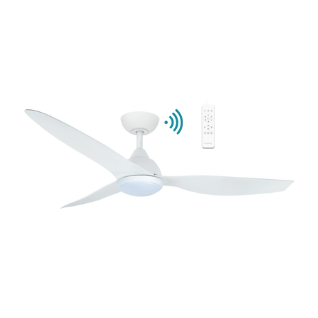 White ceiling fan with remote control on a white background