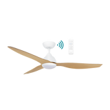 Ceiling fan with wooden blades and remote control on a white background