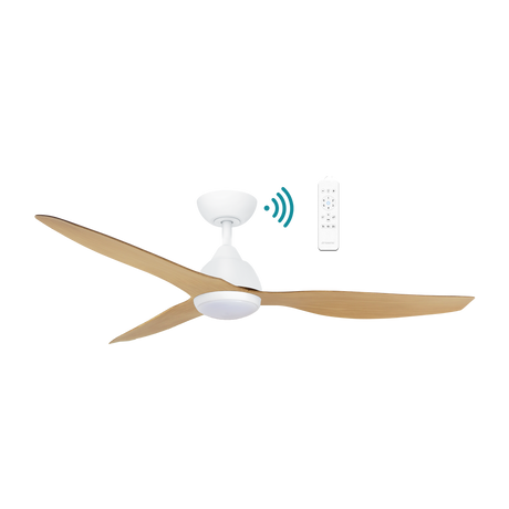 Ceiling fan with wooden blades and remote control on a white background