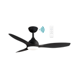 Stylish DC ceiling fan with WiFi connectivity and LED light from Martec Elite with remote control on a white background