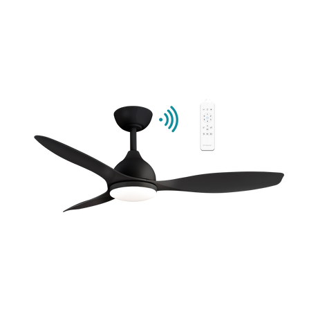 Stylish DC ceiling fan with WiFi connectivity and LED light from Martec Elite with remote control on a white background