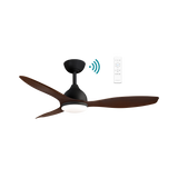 Sleek Martec Elite DC ceiling fan with WiFi, remote, and energy-saving LED light brown blades and black housing on a white background