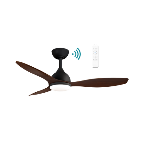 Sleek Martec Elite DC ceiling fan with WiFi, remote, and energy-saving LED light brown blades and black housing on a white background