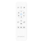 White remote control with digital display and buttons on a white background