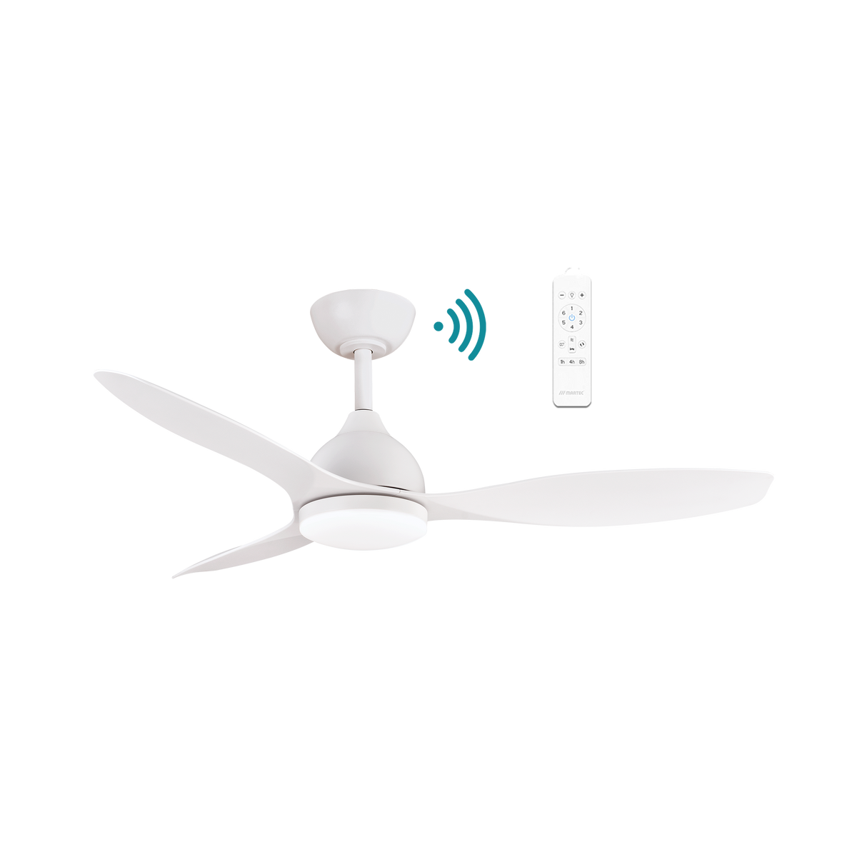 White Modern 48-inch Martec Elite DC smart ceiling fan for living rooms with remote control on a white background