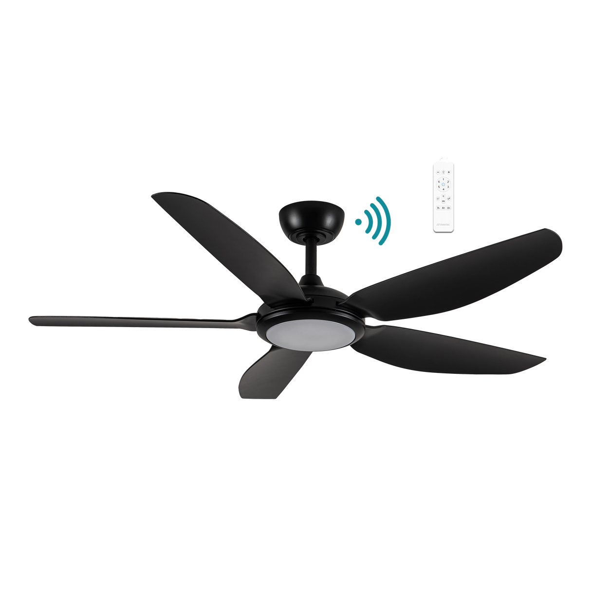 Black Smart WiFi ceiling fan with DC motor and LED lighting by Martec Esprit