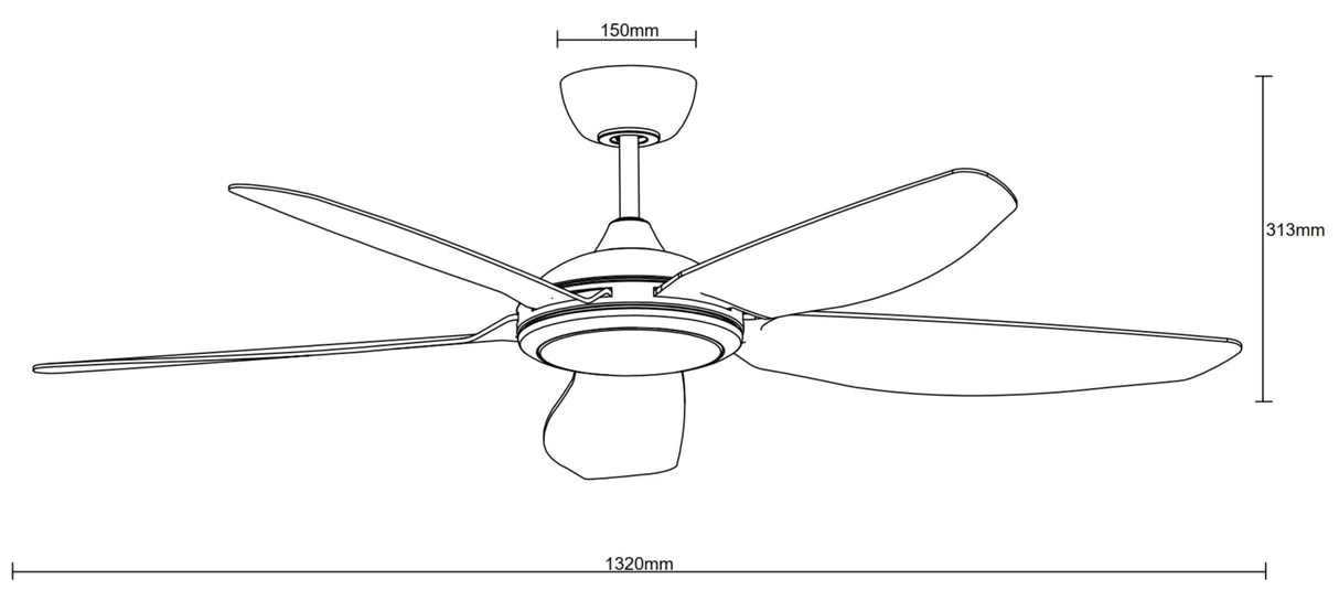 Dimension of a Smart LED ceiling fan with DC motor and WiFi control by Martec Esprit
