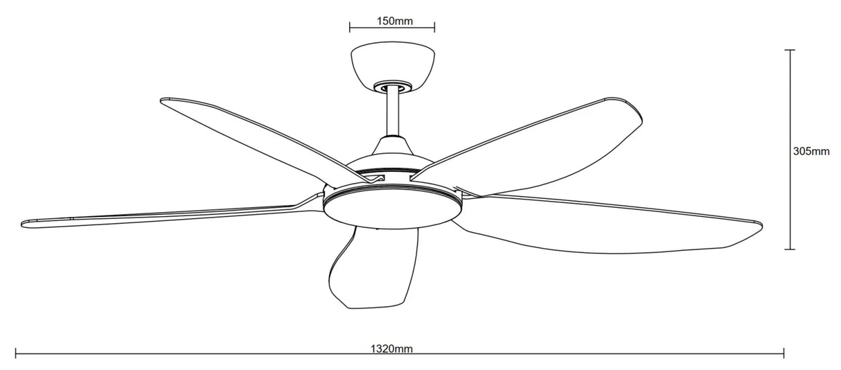 Ceiling fan with dimensions labeled on a white background