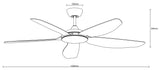 Ceiling fan with dimensions labeled on a white background