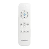 White remote control of a Quiet and stylish DC ceiling fan with WiFi control by Martec Esprit with digital display and buttons on a white background